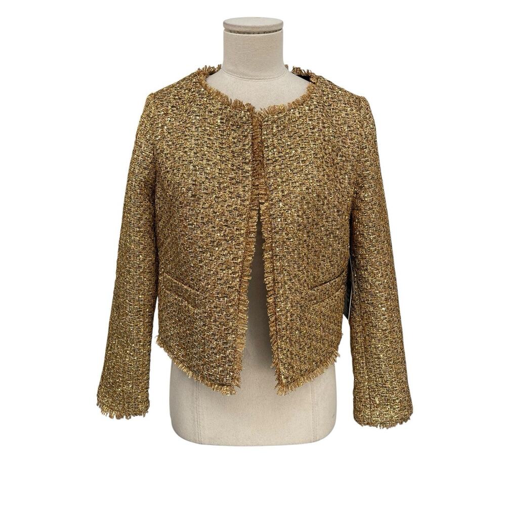 NWT Express Metallic Gold Tweed Fringe Trim Jacket Blazer Open Front Size Small